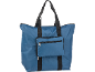 Saco de viagem dobrável azul com alças pretas e bolso frontal com zíper.