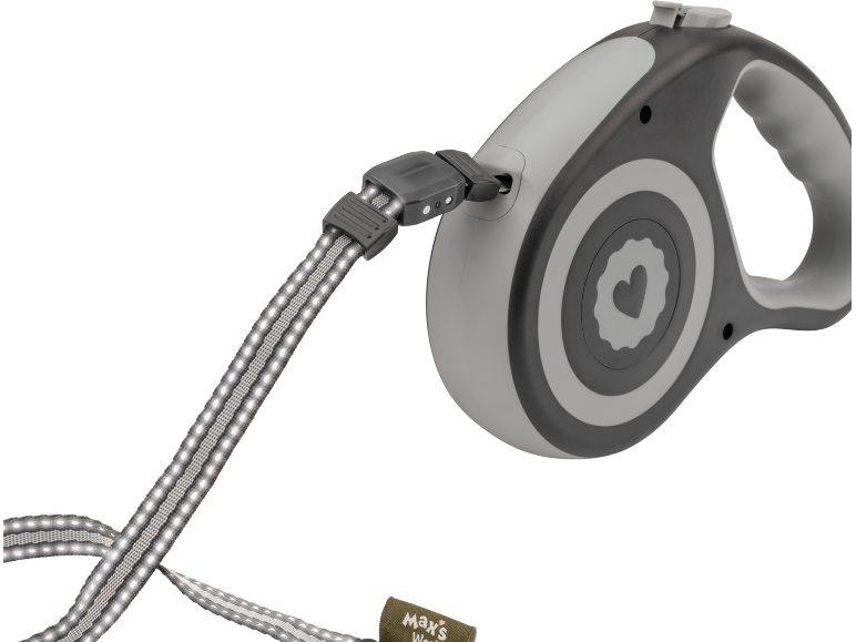 Trela retrátil cinzenta com fita de luz LED e motivo de coração
