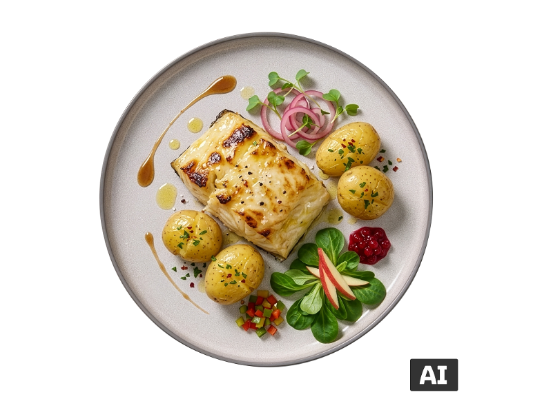 Ocean Sea Tres Velas: bacalhau grelhado com batatas, salada e molho. [imagem gerada por IA]