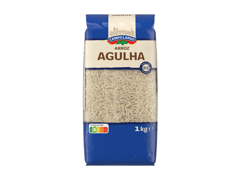 Pacote de arroz agulha de 1 kg com Nutri-Score A e tempo de cozedura de 10-12 minutos.