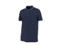 Polo azul-marinho com gola e mangas com riscas brancas.