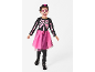 Menina com fantasia de esqueleto, maquiagem de caveira de açúcar, vestido preto e rosa, e botas.