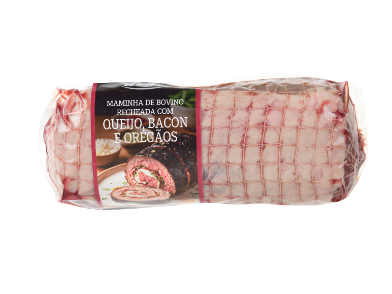 DELUXE Maminha de bovino recheada com queijo, bacon e orégãos, em rede.