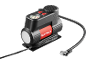 Compressor de ar portátil preto e vermelho com manómetro, interruptores e mangueira.