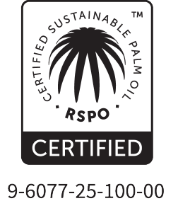 Óleo de palma sustentável certificado RSPO, número 9-6077-25-100-00.