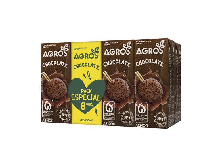 Pack de 8 bebidas de chocolate de 200 ml cada, com certificação de bem-estar animal.