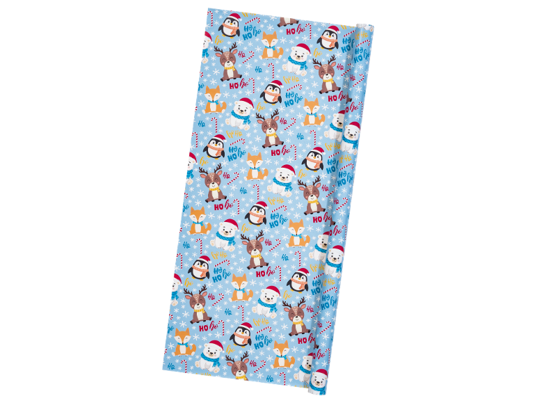 Papel de embrulho azul com animais de Natal e bengalas doces
