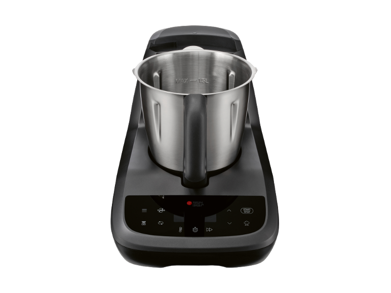 Uma máquina de cozinha preta com uma taça de mistura em aço inoxidável e um painel de controlo digital.