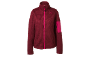 Casaco polar feminino bordô com fecho fúcsia e detalhe na manga.