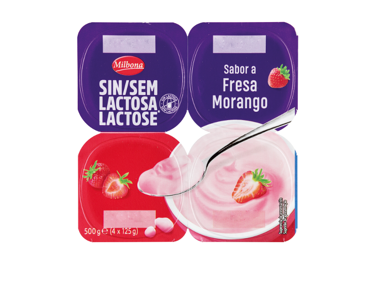 Iogurte de morango sem lactose, embalagem de 500g (4x125g).
