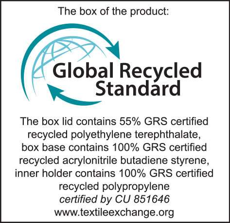 Etiqueta Global Recycled Standard: tampa da caixa 55% PET reciclado, base da caixa 100% ABS reciclado, suporte interno 100% PP reciclado, certificado por CU 851646.