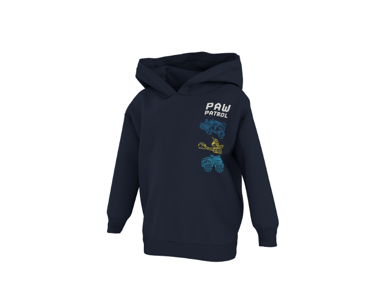 Hoodie azul-marinho com estampa de veículos de resgate e texto 'PAW PATROL'.