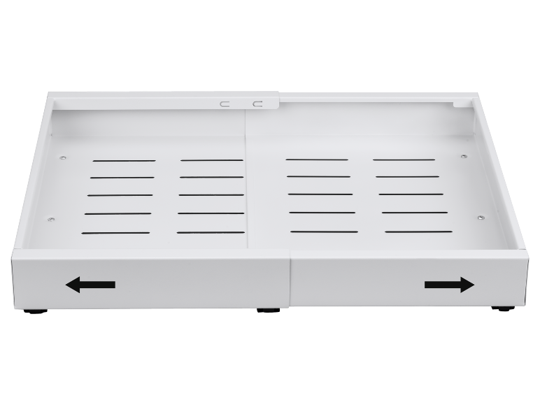 Suporte de CPU de metal branco para debaixo da secretária com ranhuras de ventilação e setas direcionais.