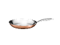 Frigideira de cobre com interior de aço inoxidável e cabo metálico.