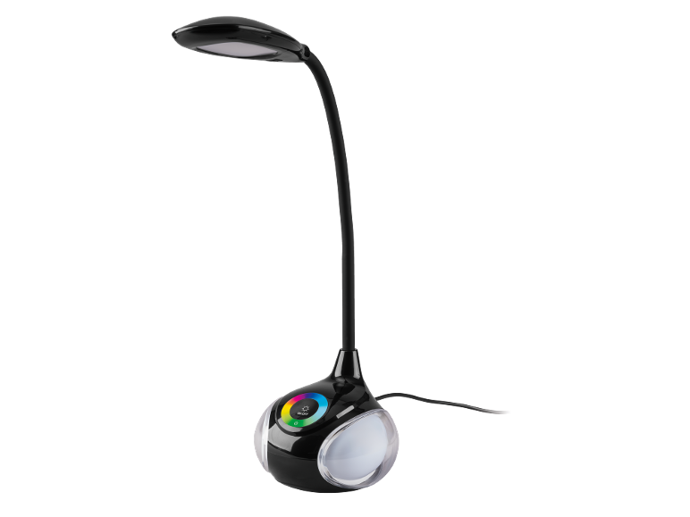 Candeeiro de secretária LED preto com braço flexível e base luminosa colorida