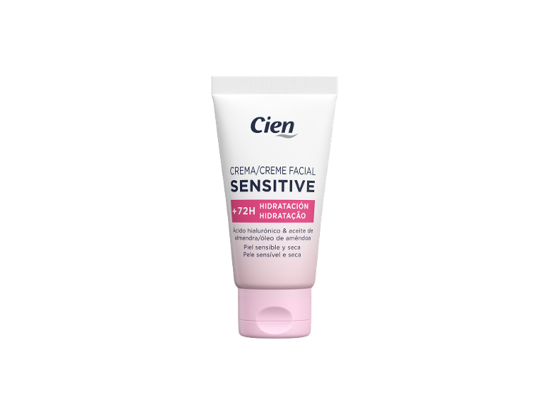 Tubo branco de creme facial Sensitive com 72H de hidratação, ácido hialurónico e óleo de amêndoa.