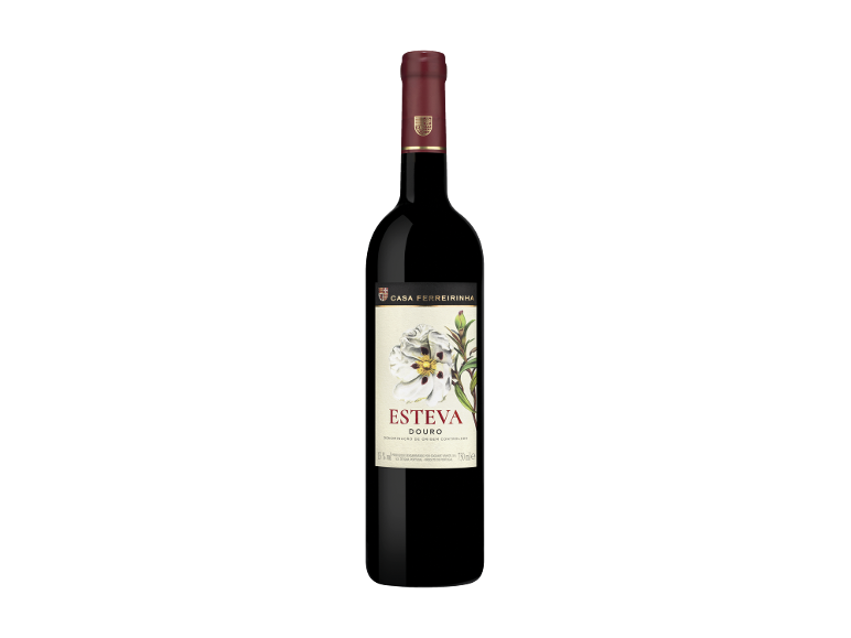 Vinho tinto da região do Douro, com rótulo de flor branca, 13% vol., 750 ml.