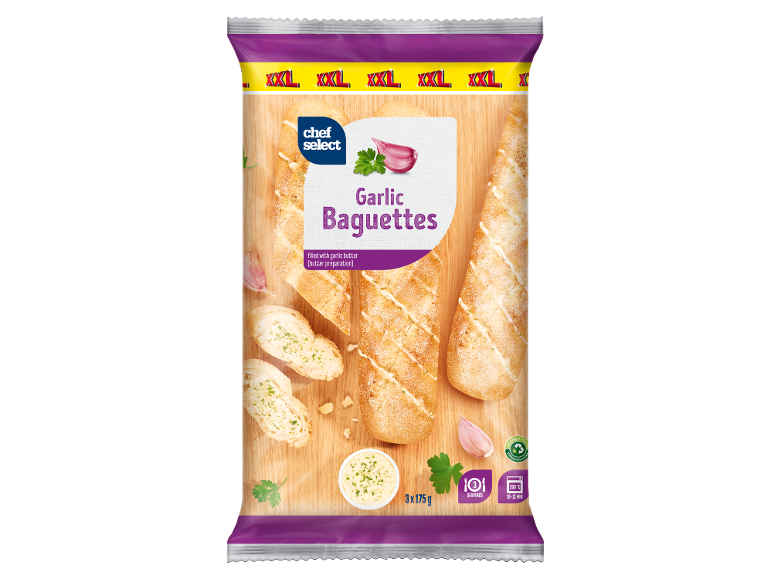 Baguetes de alho XXL com manteiga de alho, 3 porções, 3x175g, preparação no forno 200°C 10-12 min.