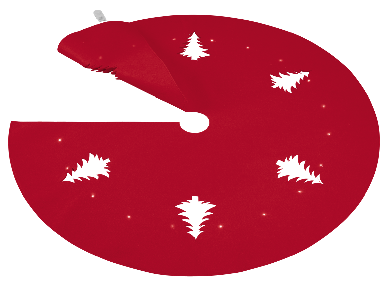 Saia vermelha para árvore de Natal com recortes em forma de árvore e luzes.