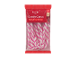 Embalagem vermelha de bengalas doces sabor morango com riscas brancas e rosa.