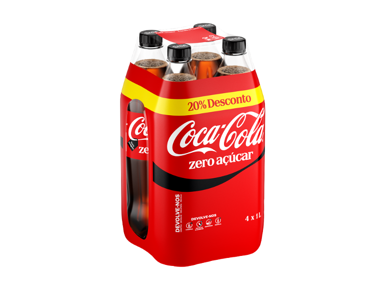 Pack de quatro garrafas de refrigerante sem açúcar com 20% de desconto.