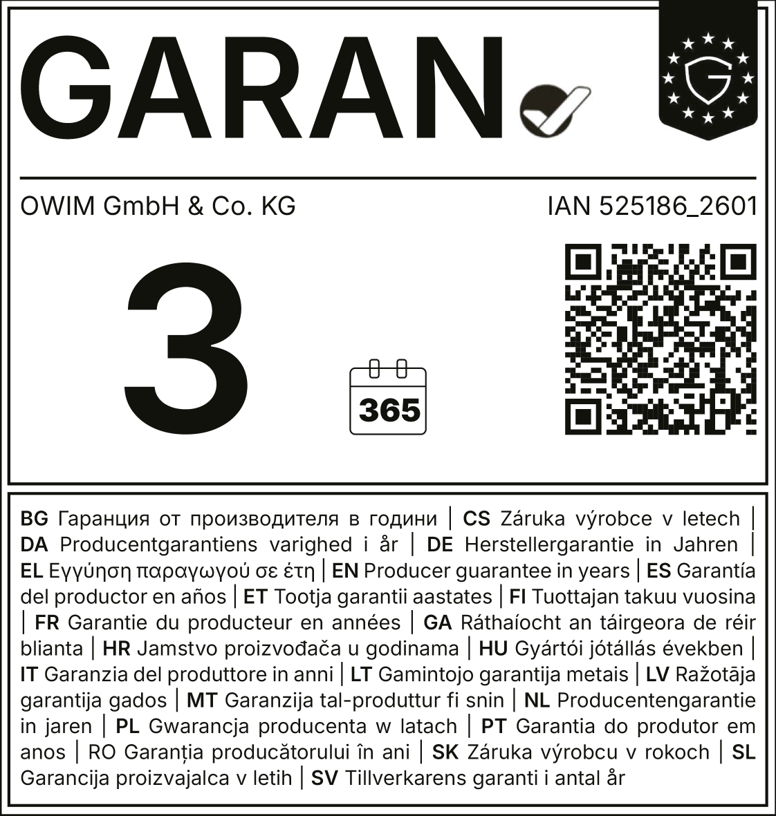 Garantia do produtor 3 anos, 365 dias, IAN 525186_2601.