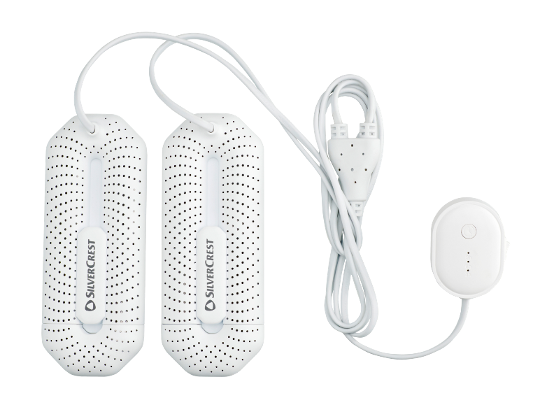 Secador de sapatos elétrico branco com dois elementos e um controlador.