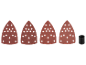 Quatro folhas de lixa triangulares com furos e um adaptador cilíndrico preto.