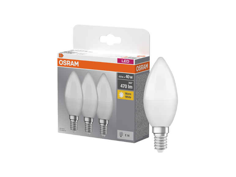 Embalagem com três lâmpadas LED E14 de luz branca quente e uma lâmpada fora da embalagem.