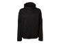 Casaco softshell preto masculino com capuz e fecho éclair.