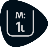 Selo com o texto 'M: 1L' indicando uma capacidade de 1 litro.