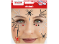 Tatuagens faciais de aranhas e teias com glitter para festas, com joias decorativas.