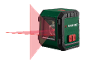 Nível a laser verde e preto projetando linhas laser horizontais e verticais vermelhas.