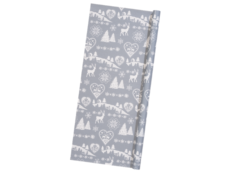 Rolo de papel de embrulho cinzento com padrão de inverno de veados, árvores e corações.