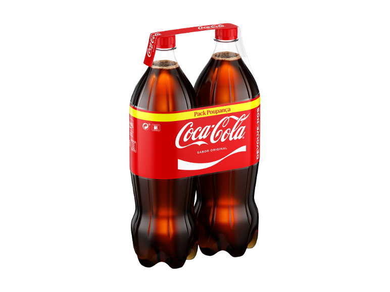 Pack de duas garrafas de refrigerante de cola com cinta promocional.