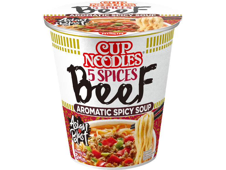 Sopa de Noodles 5 Especiarias Carne Aromática Picante, pronta em 3 minutos.