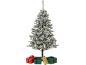Árvore de Natal flocada com presentes embrulhados em verde, vermelho e dourado na base
