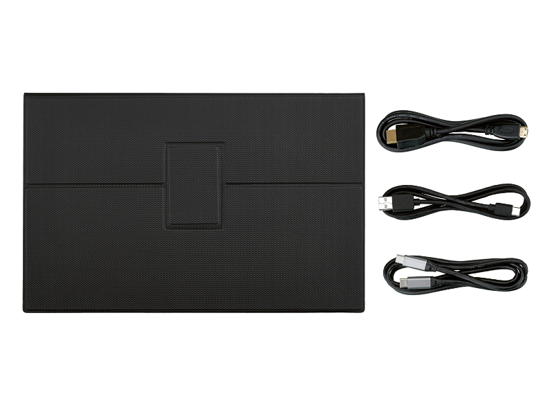 Capa preta para monitor e três cabos de conexão: HDMI, USB-A para USB-C, USB-C para USB-C.