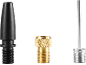 Adaptadores de bomba de ar: um preto, um dourado e uma agulha prateada.