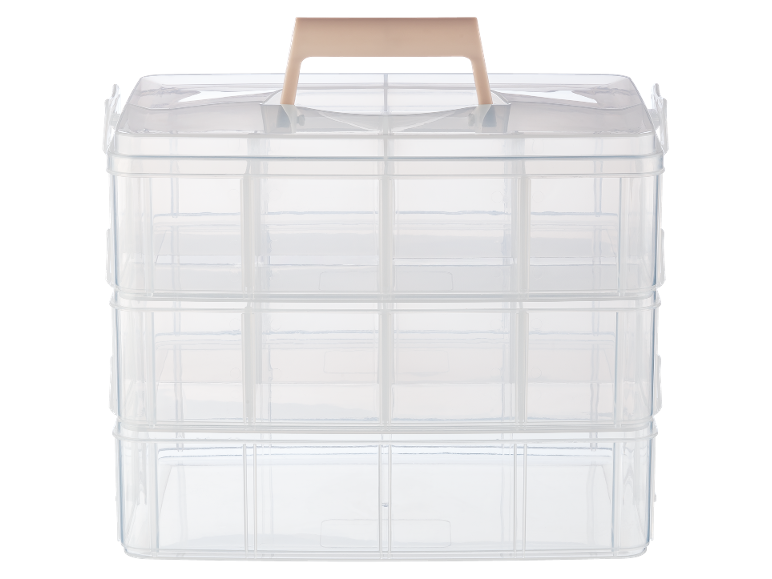 Caixa de arrumação de plástico transparente com três níveis e pega bege, ideal para artesanato.