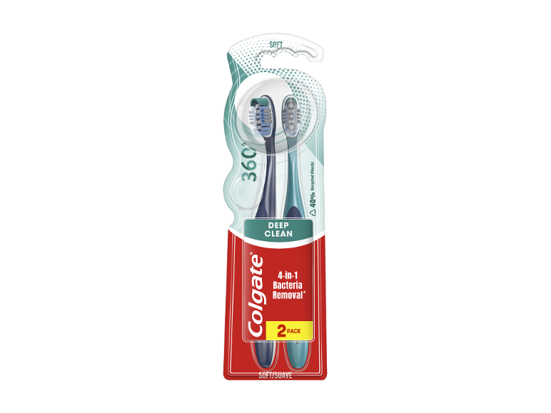 Duas escovas de dentes macias, uma azul escura e uma verde-água, numa embalagem blister de 2 unidades com limpeza profunda e remoção de bactérias 4 em 1.