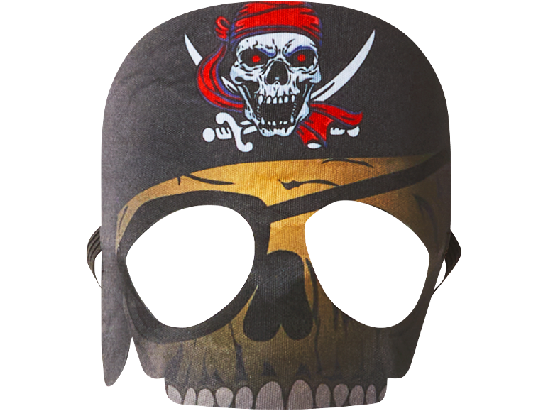 Máscara de caveira pirata com pala no olho e bandana vermelha com caveira e sabres cruzados.