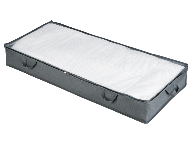 Saco de arrumação cinzento para debaixo da cama com topo transparente e roupa de cama branca.