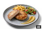 Hambúrgueres com batatas fritas, salada e mostarda num prato. [imagem gerada por IA]