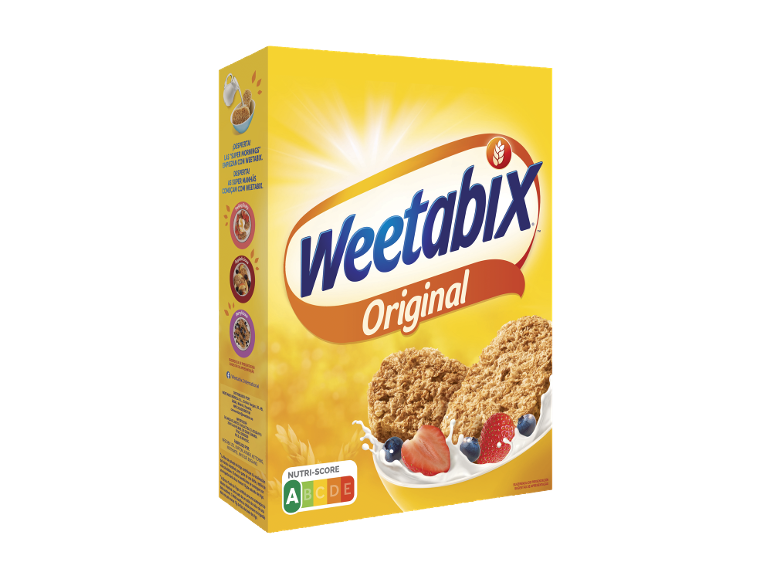 Caixa de cereais com dois biscoitos de cereais em leite com frutas.