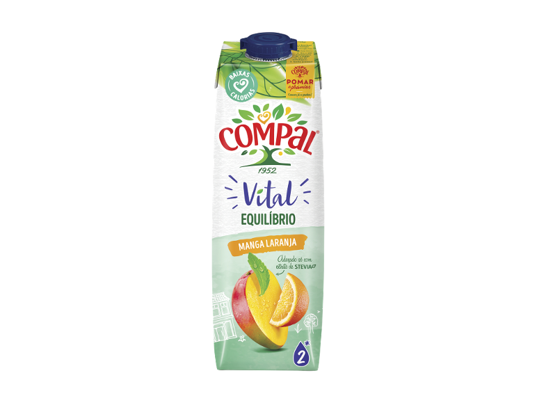 Cartão de bebida de manga e laranja, adoçada com stevia, com baixas calorias.