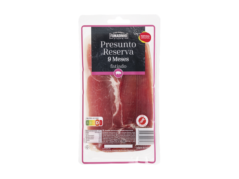 Fumadinho Presunto Reserva 9 Meses, fatiado, com Nutri-Score D e selo sem glúten.