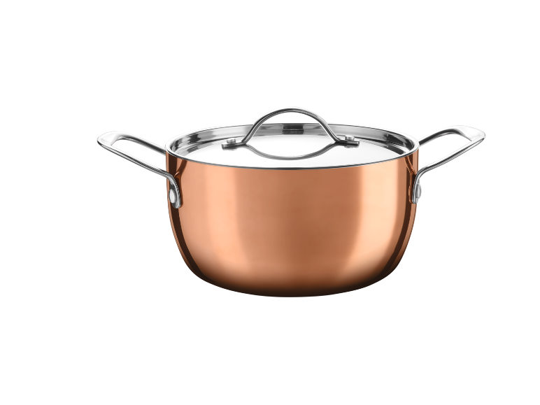 Panela de cobre com tampa de vidro e pegas de metal