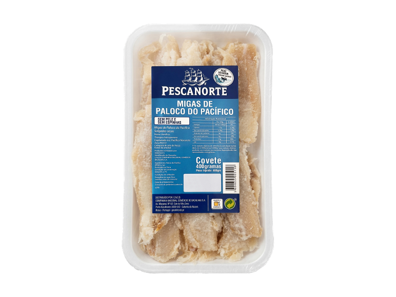 Migas de paloco do Pacífico salgadas e secas em embalagem de 400 g.