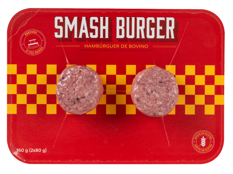 Embalagem de Smash Burger com dois hambúrgueres de carne de vaca crus, 160 g.